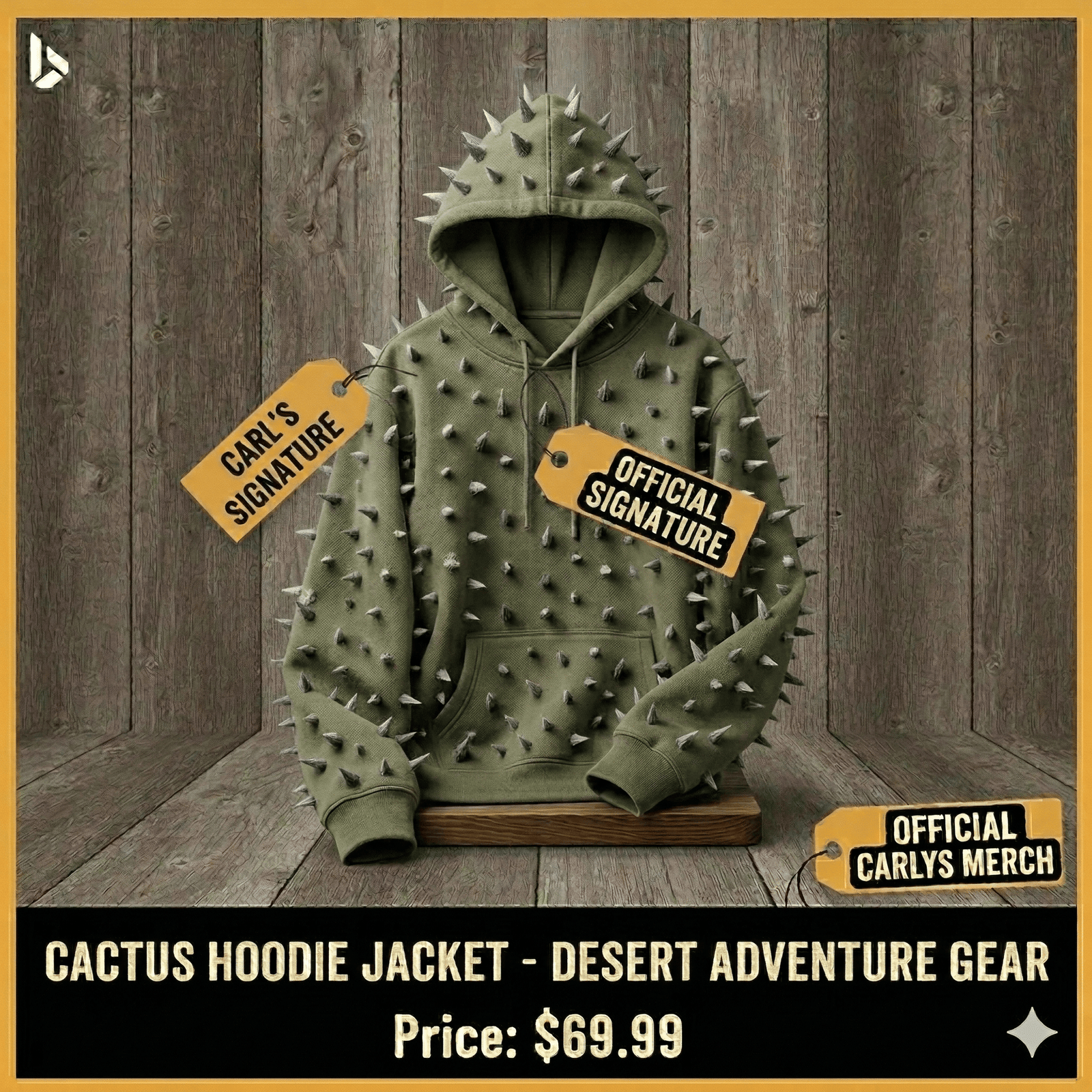 Cactus hoodie jacket with desert spike detailing on olive green fabric, Carl's Signature hangtags